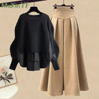 2026 Spring/Autumn New Korean Elegant Splice Fake Two Piece Knitted Sweater Dress Matching Set Women's Chic Pullover Skirt Set - Matrix-studios.com