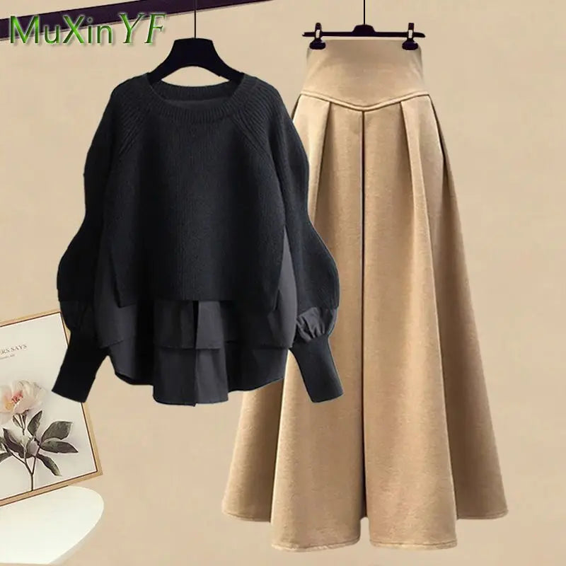 2026 Spring/Autumn New Korean Elegant Splice Fake Two Piece Knitted Sweater Dress Matching Set Women's Chic Pullover Skirt Set - Matrix-studios.com