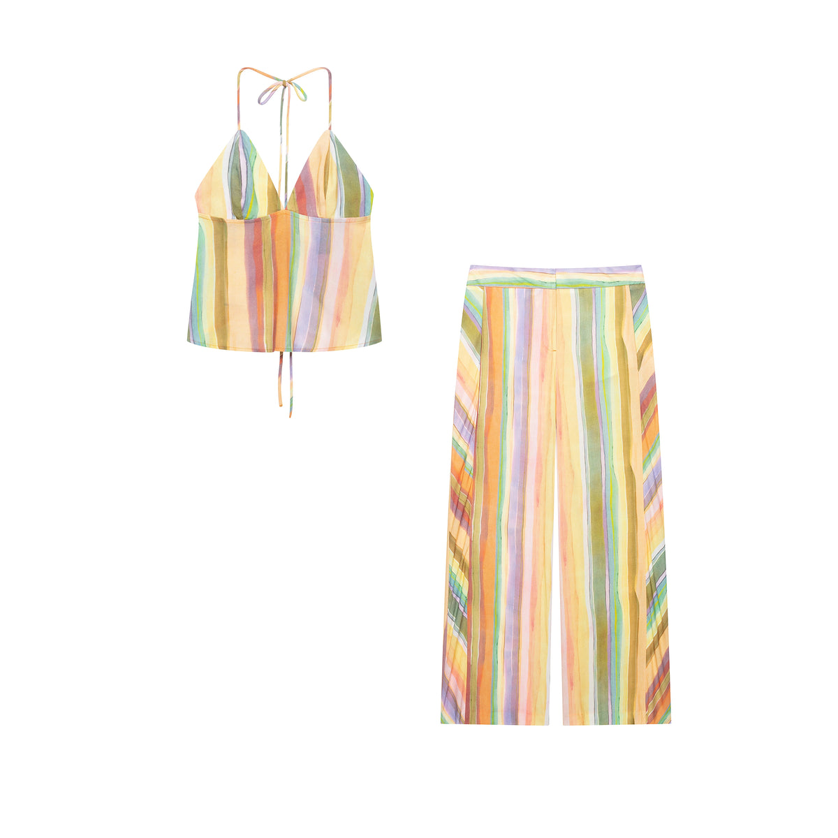 CHARMCHANT Women's Colorful Stripe Two Piece Outfit Halter Backless Tie Top Wide Leg Trousers Holiday Matching Suit Summer 2026 - Matrix-studios.com