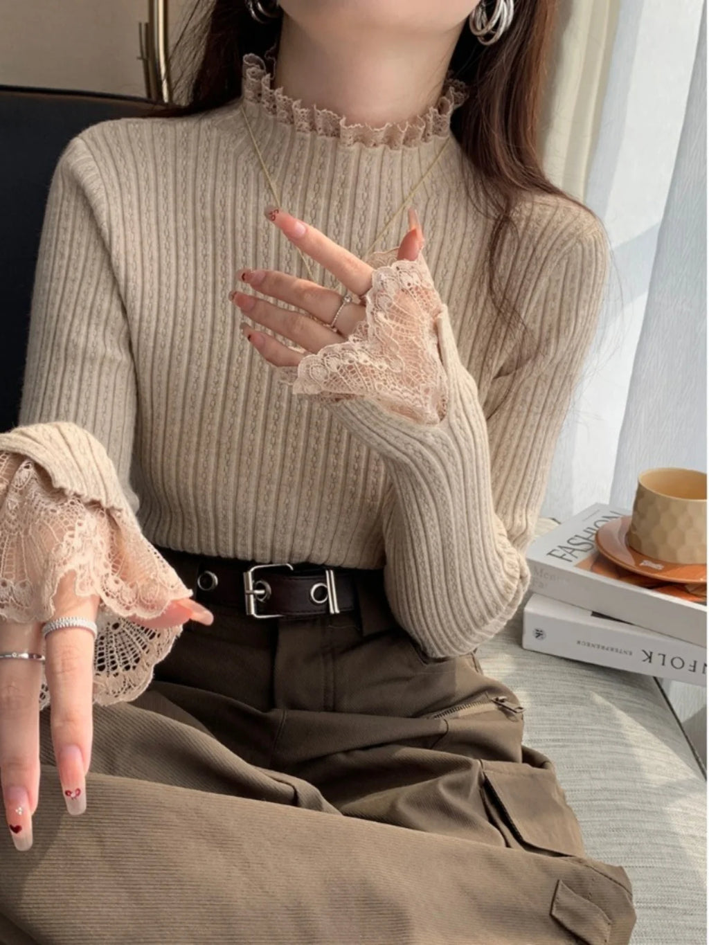 Autumn Winter Turtleneck Skinny Elastic Knitted Pullovers Women Solid Color Tops Female Long Sleeve Knit Patctwork Lace Sweater - Matrix Studios