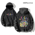 Korn Rock Band World Tour Hoodies Vintage Washed Men's Sweatshirts Cotton Hip Hop Streetwear Hooded Pullover Loose Y2K Tops - Matrix Studios