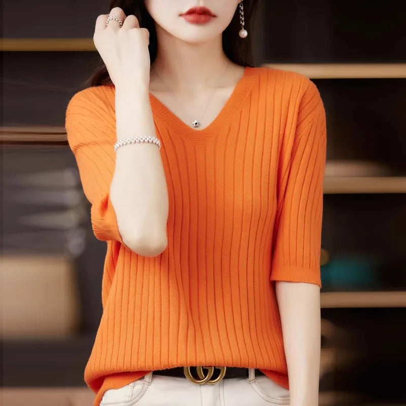 Women's Sweater Spring Summer Short Sleeve V-neck Knit Shirt Casual Korean Pullovers Stripe Bottoming Shirt Slim Fit Jumpers - Matrix Studios