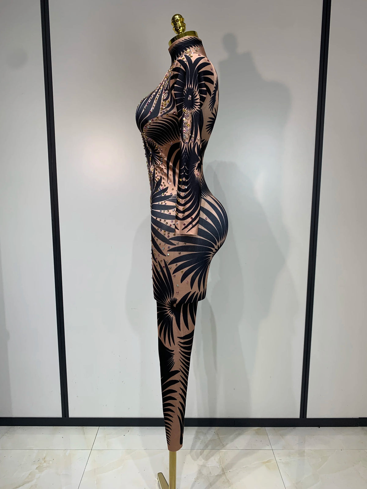 Sexy Long Sleeves Print Rhinestone Jumpsuits Drag Queen Show Stage Performance Costume Women Evening Party Nightclub Rompers - Matrix Studios