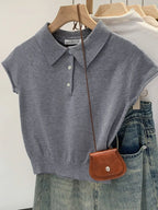 zjaiss Unique Chic Casual Tee 2026 New Summer Navy Polo Collar Women T-Shirt Fashion Solid Color Short Sleeve Knit Top - Matrix-studios.com