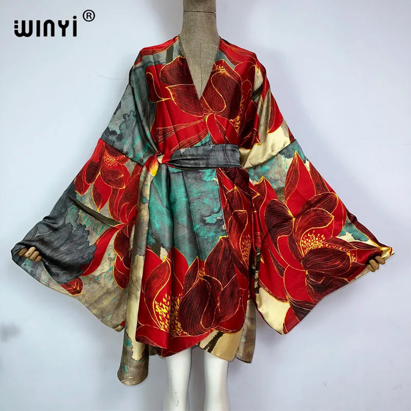 2022 WINYI Summer Beach Wear Swim Suit Cover Kaftan Sweet Lady Boho Cardigan Stitch Self Belted Sexy Holiday Long Sleeve Kimono - Matrix Studios