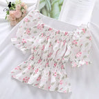 Sweet Broken Flower Slash Neck Women Blouse Agaric Edge Pleat Design Slim Elastic Waist Cropped Top Cute Chiffon T-shirt Summer - Matrix-studios.com