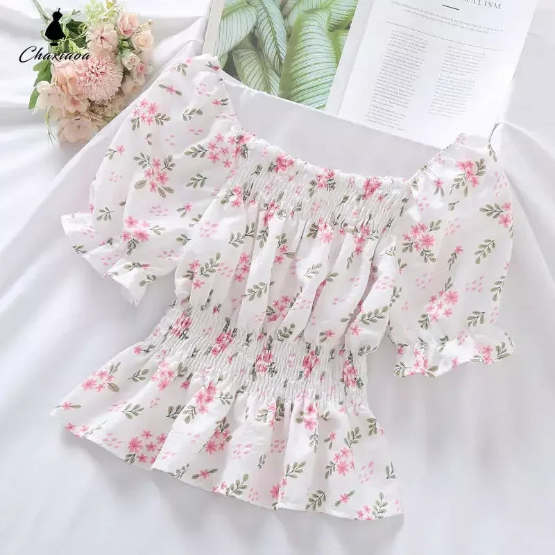 Sweet Broken Flower Slash Neck Women Blouse Agaric Edge Pleat Design Slim Elastic Waist Cropped Top Cute Chiffon T-shirt Summer - Matrix-studios.com