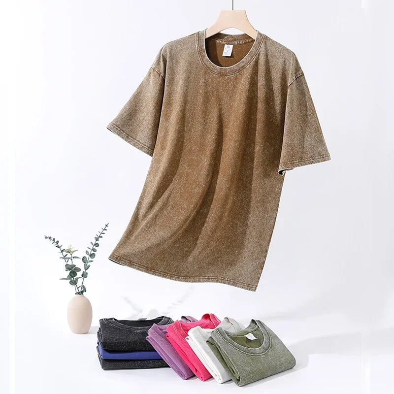250gsm Men's Washed Vintage T-Shirts Street Hip Hop Retro Punk T Shirt Women Harajuku Casual Cotton Short Sleeve Acid Wash Tops