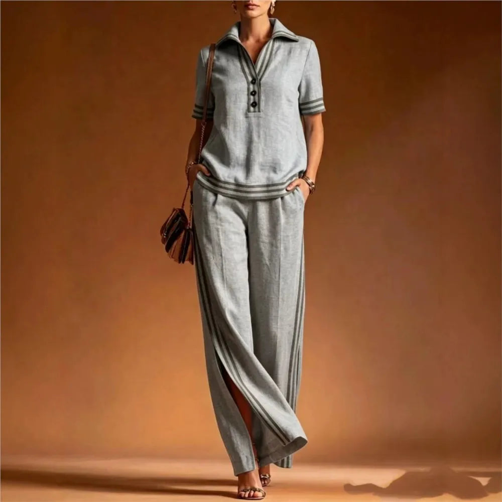 Women 2 Piece Linen Set Lapel Collar Half Button Short Sleeve High Waist Split Elegant Casual Loose Summer Wide Leg Long Pants - Matrix-studios.com