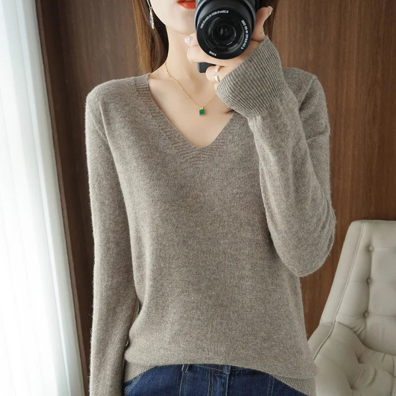 New Cashmere Women's V-neck Pullover Lace Neck Hollow Out Design Casual Knitted Long Sleeve Women's Sweater Autumn And Winter - Matrix-studios.com