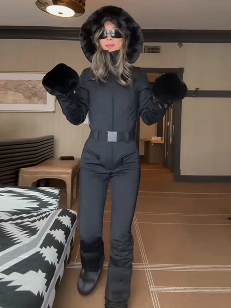 Chic Faux Fur Patchwork Women's Ski Jumpsuit High Wait Belt Zippers Pocket Lady Ski Wear 2025 Winter Spring Female Romper - Matrix Studios