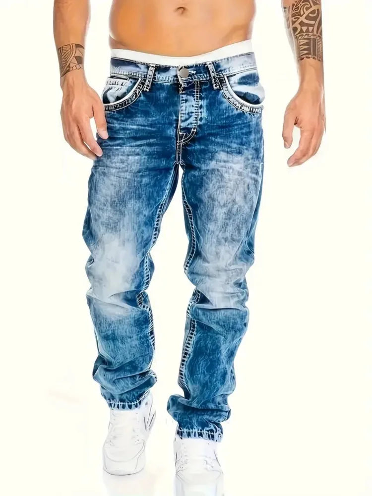 European American Jeans Men's Autumn New Slim Elastic Trousers Fashionable Vintage Wash Denim Pants Male Streetwear - Matrix Studios