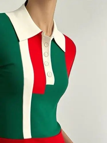 Modigirl Knit Sweater Tops for Women 2025 Casual Contrast Color Buttoned Skinny Short Sleeves Polo Tee Shirts Woman Clothes - Matrix-studios.com