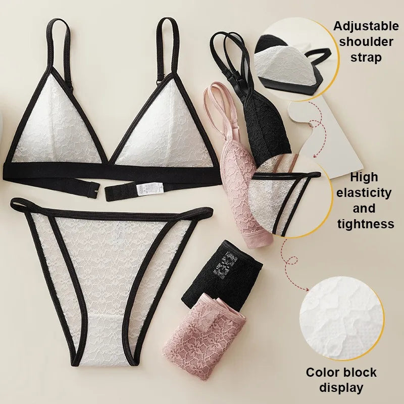 Women Triangle Bra and Panties Set Sheer Floral Lace Bralette Low-Rise Briefs Sexy Lingerie Set Removable Pads Ladies Underwear - Matrix-studios.com