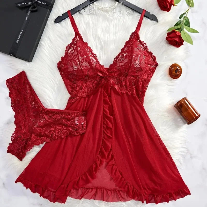Sexy Lingerie Set Women Erotic Bra Nightdress Sexy Lace Sleepwear Solid Slim Soft Dresses V Neck Full Slip Sleepwear & Dresses - Matrix-studios.com