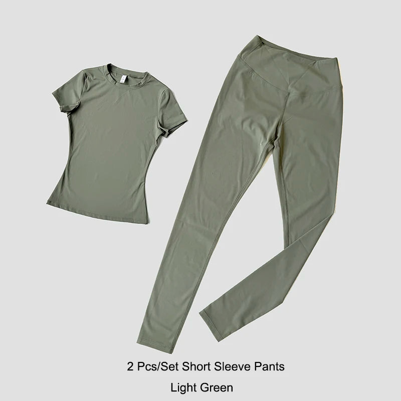 Quick-Drying Gym Leggings Set Sport Suit Short Sleeve Breathable Stretchy Slim Fitness Active Top Tight Gym Set - Matrix-studios.com