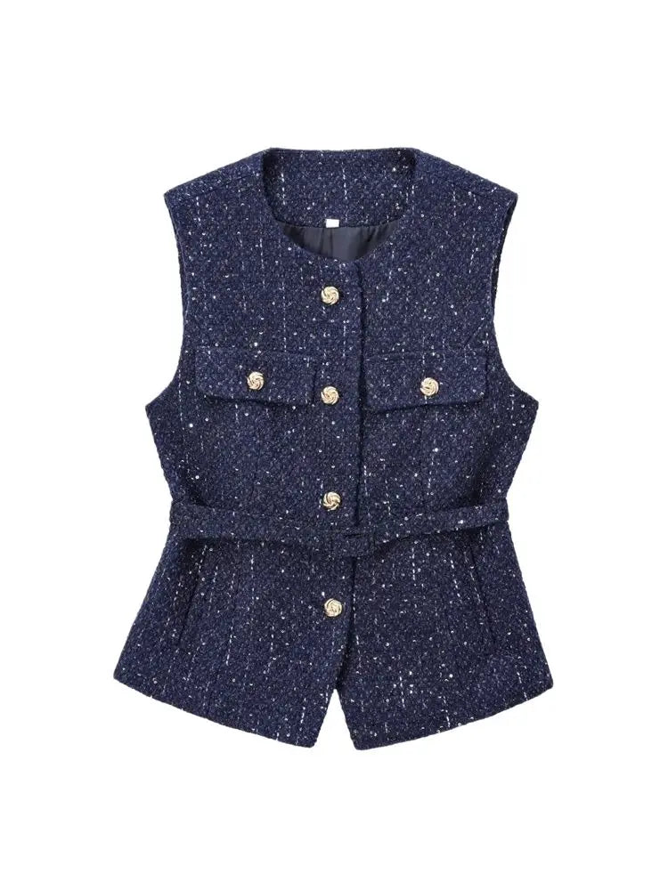 Women's Tweed Waistcoat with Belt, O Neck, Sleeveless, Front Button, Female Outerwear, Chic Tops, Fashion - Matrix Studios