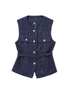 Women's Tweed Waistcoat with Belt, O Neck, Sleeveless, Front Button, Female Outerwear, Chic Tops, Fashion - Matrix Studios