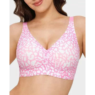 Women's Seamless Pink Leopard Print Bra Wire-Free Bra Full Cup Soft Thin Mold Support Jelly Beauty Breathable Deep V Push Up Bra - Matrix Studios