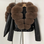 Fake Leather Coat New Natural Fox Fur Autumn Short Faux Leather Jacket Female Spring PU Women Long Sleeve Real Fur Coat Thin - Matrix Studios