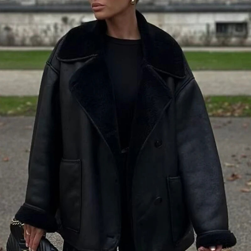 Winter Women's Black Faux Leather Jacket Warm Streetwear Outwear Solid Elegant Warmth 2026 PU Coat for Ladies Jackets Coat Tops - Matrix Studios