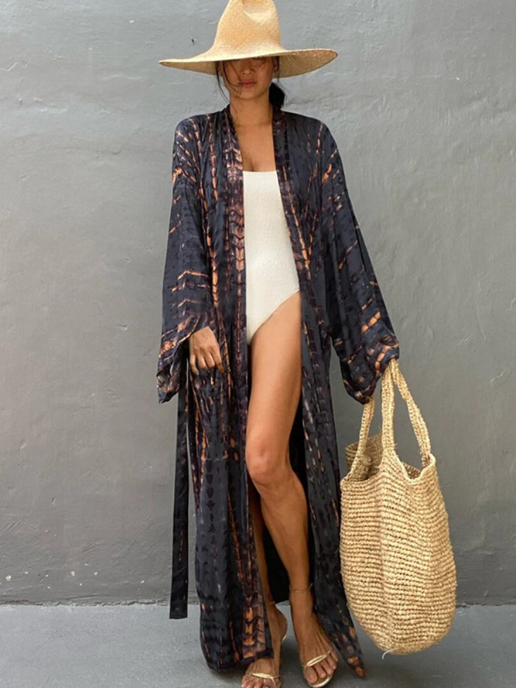 Bikini Cover Up Tie Dye Printed Swimsuit Cape Pareo Bohemian Beach Kimono Dresses Self Belted Bathing Suits Dropshipping - Matrix Studios