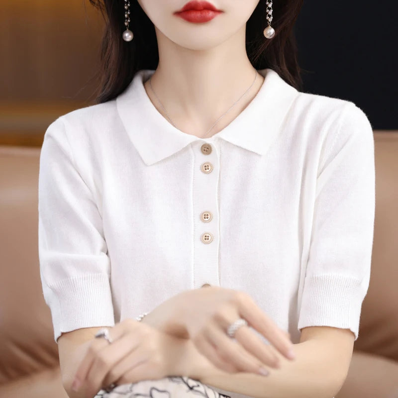 Women's T-shirt Summer 100% Cotton Sweater Short Sleeve Casual Knitwear POLO Collar Ladies' Tops Loose Pullover Tees Buttons - Matrix-studios.com