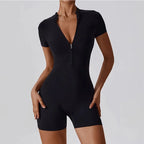 Women's Zipper Short-Sleeve Yoga Jumpsuit - Quick-Dry Breathable Tight Fitness Onesie for Gym Running Sportswear - Matrix Studios