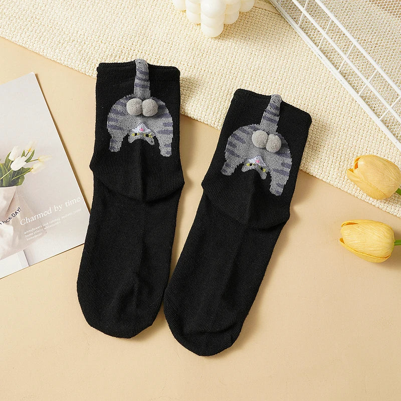 Cartoon 3D Cat Egg Design Middle Tube Socks for Women Soft Breathable Cute and Funny Couple Socks Spring Autumn Cute - Matrix Studios