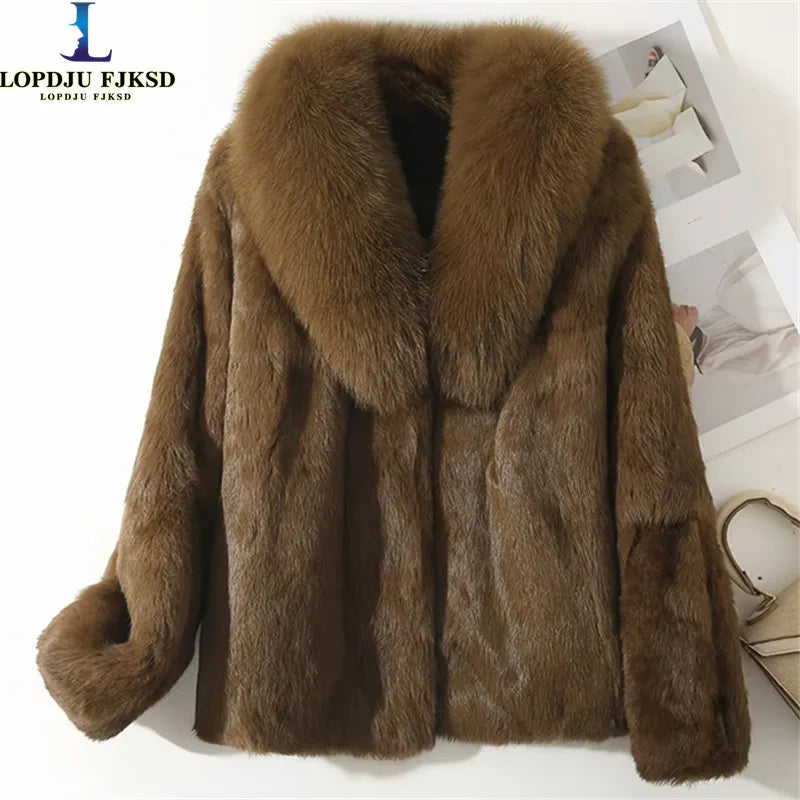 Real Rex Rabbit Fur Coat for Women, Autumn Winter Short Jacket Thick Warm New Fox Fur Collar Elegant Female Warm Outerwear - Matrix Studios