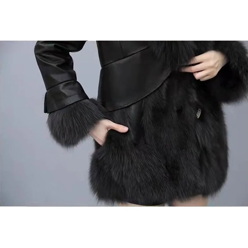 Chic Leather Jacket Women's Overcoat 2024 Autumn Winter New Faux Fox Fur Mid-Length PU Leather Stitching Thick Warm Coat Outwear - Matrix Studios