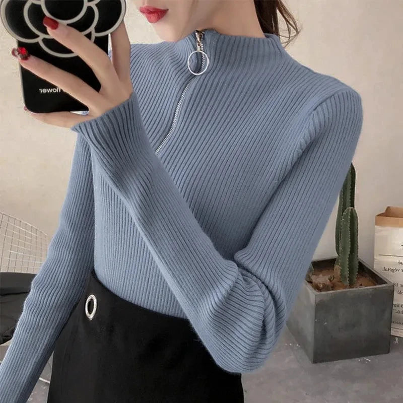 Knitted Women Zipper Half High Neck Sweater Pullovers Autumn Winter Basic Women Sweaters Slim Solid Knitwear Pull Femme Tops - Matrix-studios.com