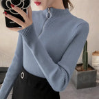 Knitted Women Zipper Half High Neck Sweater Pullovers Autumn Winter Basic Women Sweaters Slim Solid Knitwear Pull Femme Tops - Matrix-studios.com