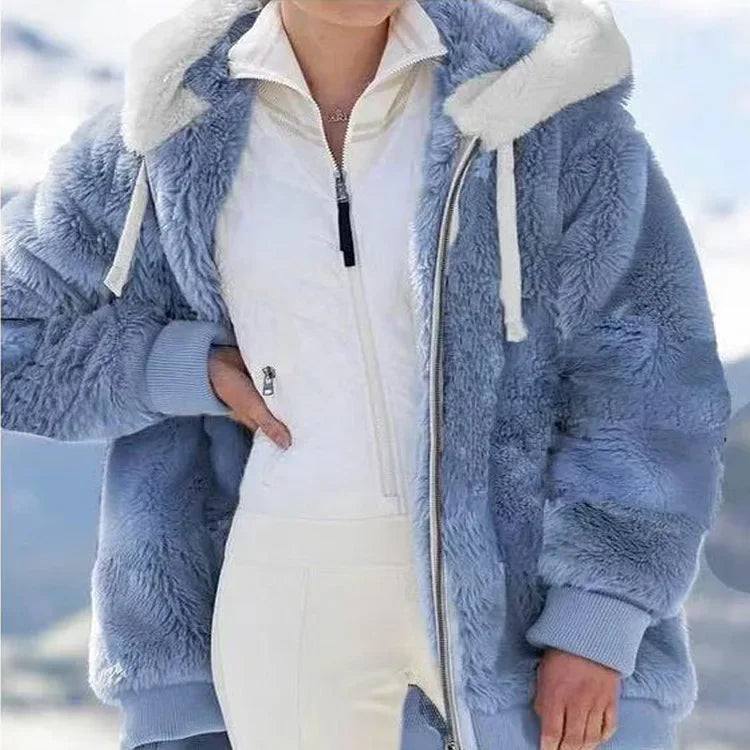 Oversized Jacket for Women Coat 2025 Autumn Winter Warm Plush Pocket Hooded Streetwear Loose Lady Zipper Cashmere Outerwear Coat - Matrix-studios.com