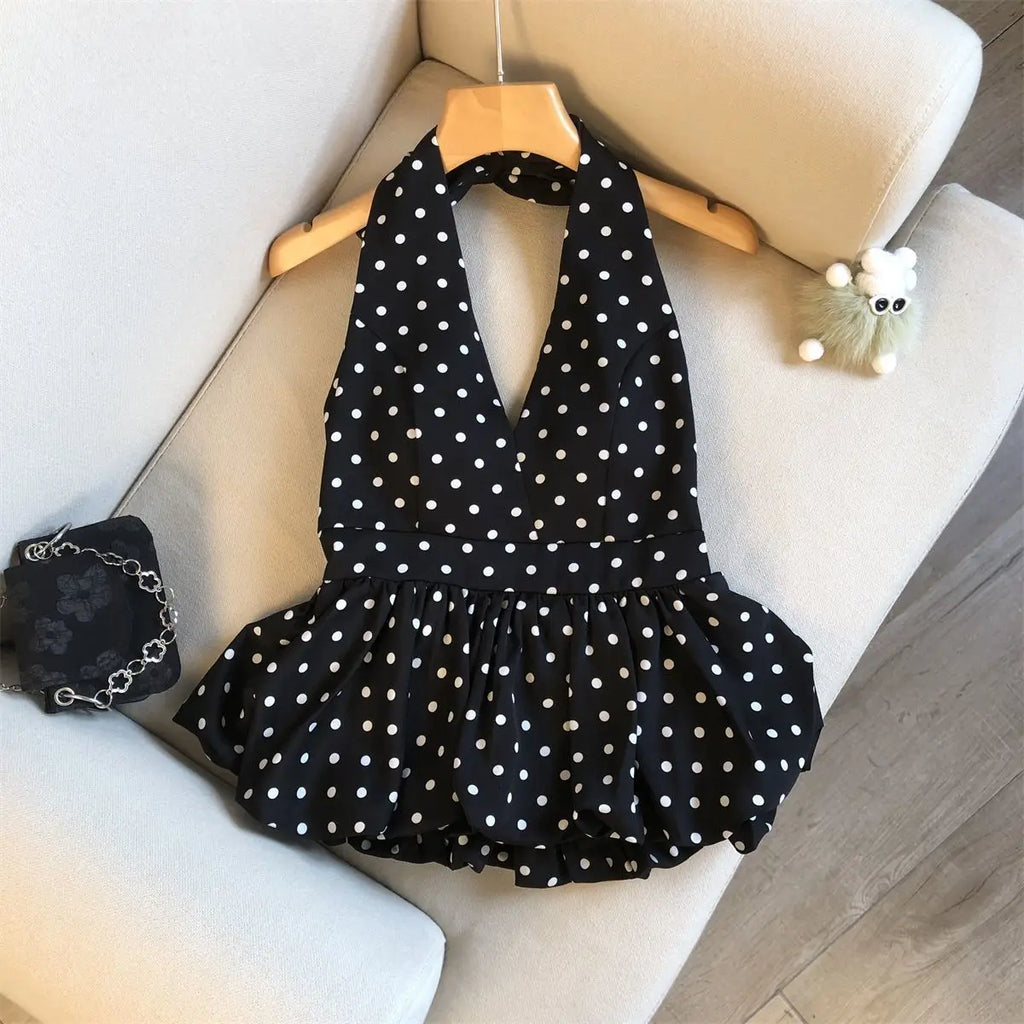 Backless Sexy Halter Beach Babydoll Crop Tops Women Polka Dots V Neck Sleeveless T Shirt Ruffles Basic Tees Not-Padded Pad - Matrix-studios.com