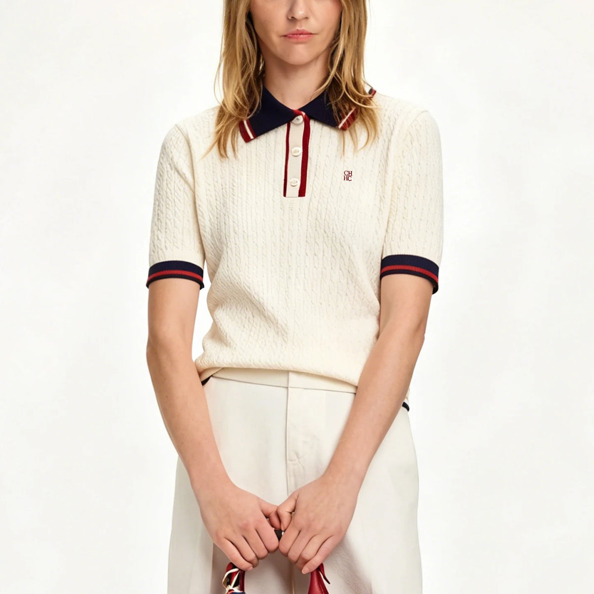 CH Solid Color Embroidered Knit Polo Shirt Women Elegant Short Sleeve Ribbed Trim Office Casual Tops - Matrix-studios.com