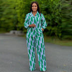 African Fashion Stripe Two Piece Set Women Spring Autumn Casual Button Long Sleeved Shirt Wide Leg Pants Two Piece Set Women - Matrix-studios.com