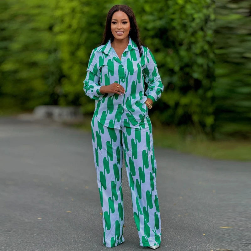 African Fashion Stripe Two Piece Set Women Spring Autumn Casual Button Long Sleeved Shirt Wide Leg Pants Two Piece Set Women - Matrix-studios.com