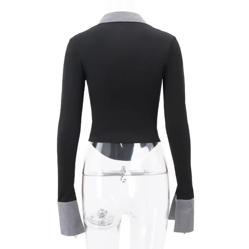 2025 Autumn Striped Polo Collar Contrast Crop Top Slim Fit Bodycon Knit Tops - Spicy Girl Outfits for Club/Streetwear/Daily Wear - Matrix-studios.com