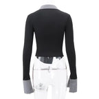 2025 Autumn Striped Polo Collar Contrast Crop Top Slim Fit Bodycon Knit Tops - Spicy Girl Outfits for Club/Streetwear/Daily Wear - Matrix-studios.com