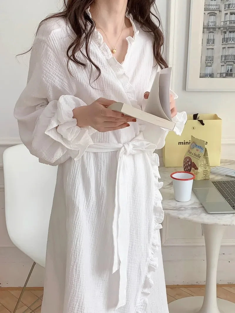 Women's Spring and Summer New Simple Long-Sleeved Robe Girls Sweet Ins Wind Ruffled Thin Section of Solid Color Pajamas Home Wea - Matrix-studios.com