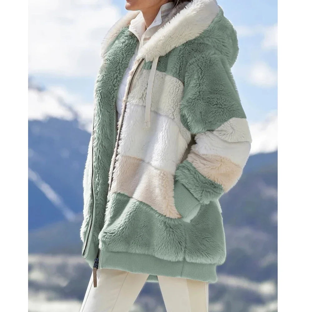 Oversized Jacket for Women Coat 2025 Autumn Winter Warm Plush Pocket Hooded Streetwear Loose Lady Zipper Cashmere Outerwear Coat - Matrix-studios.com