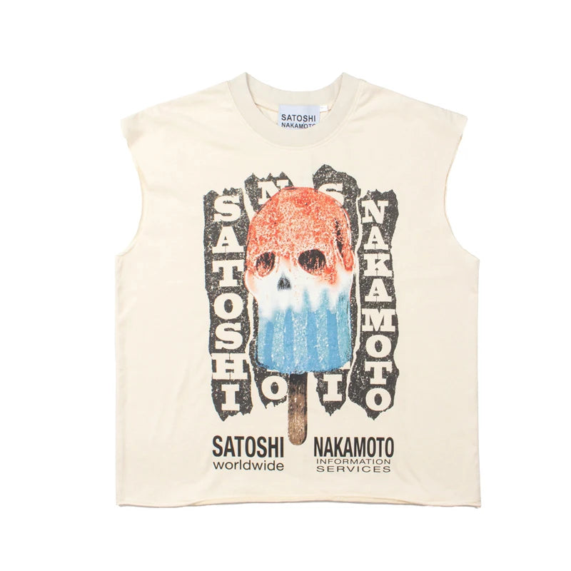 26SS American Street Satoshi Nakamoto Tank Top Sleeveless Vest Men Women Melting Ice Lolly Letter Print Y2K T Shirt Clothing - Matrix-studios.com