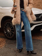Autumn new women's dark blue high waist straight jeans slim fit wide leg version stretch denim fabric elegant intellectual jeans - Matrix-studios.com