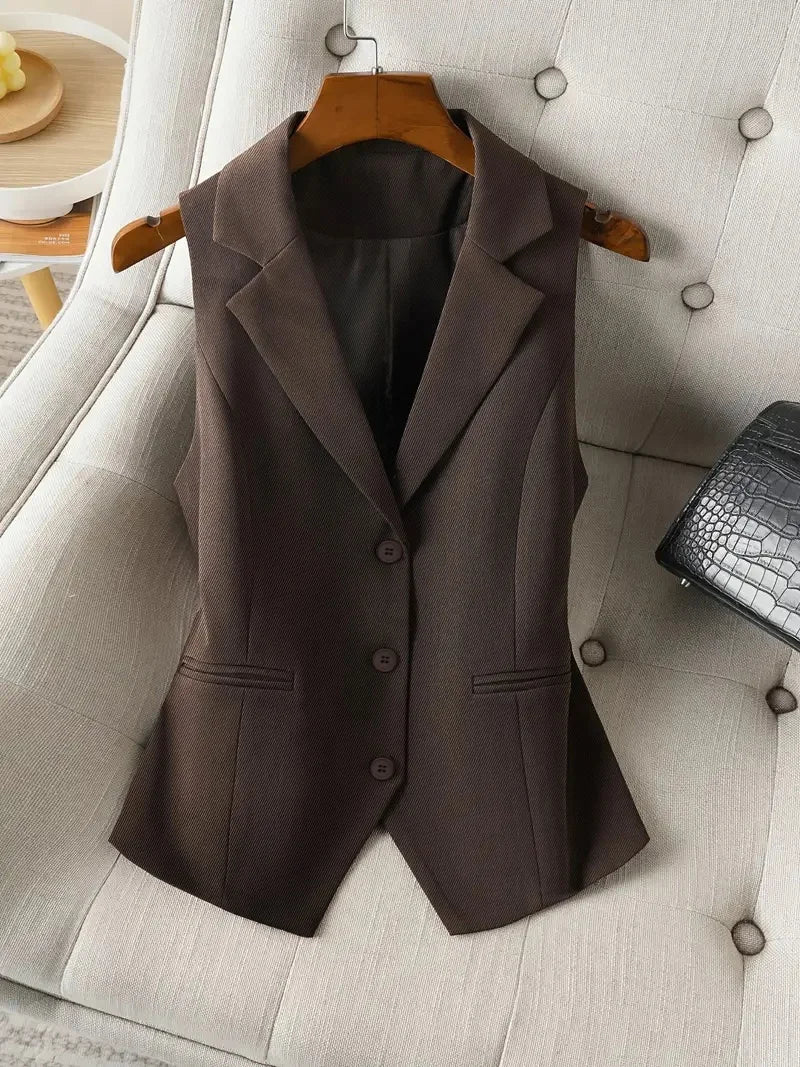 Vintage Women's Brown Custom Waistcoat Sleeveless Lapel Suit Vest Daily Commute Button Slim Design, Casual All Fold Wear - Matrix Studios