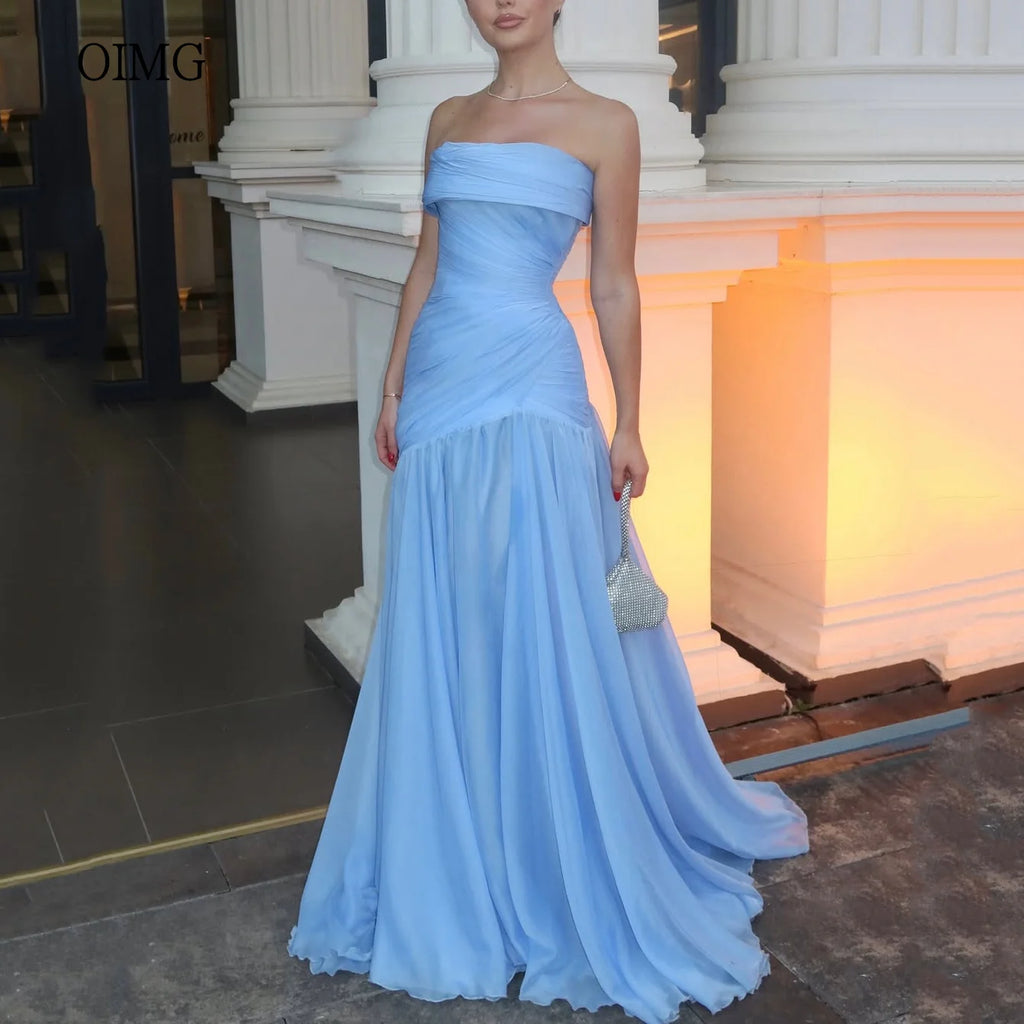 OIMG Maxi Strapless A Line Prom Gowns Backless Pleated Party Gown Floor Length Evening Dress vestidos de gala Customized - Matrix-studios.com