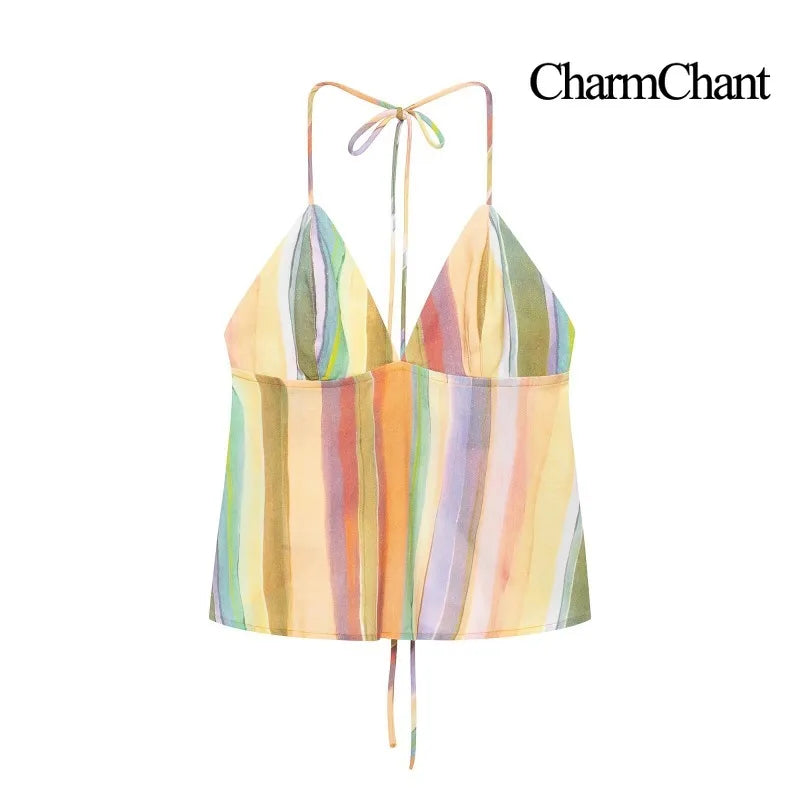 CHARMCHANT Women's Colorful Stripe Two Piece Outfit Halter Backless Tie Top Wide Leg Trousers Holiday Matching Suit Summer 2026 - Matrix-studios.com