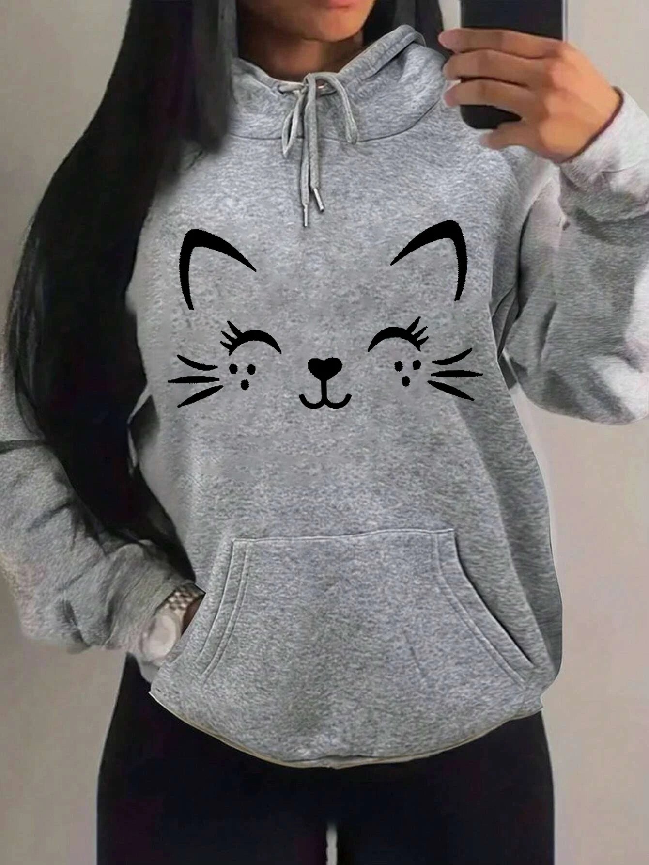 Simple Word Cat Happy Pattern Women Hoodies Fashion Casual Streetwear Personality Hip Hop Hoodie Trendy Fleece Pulloverar