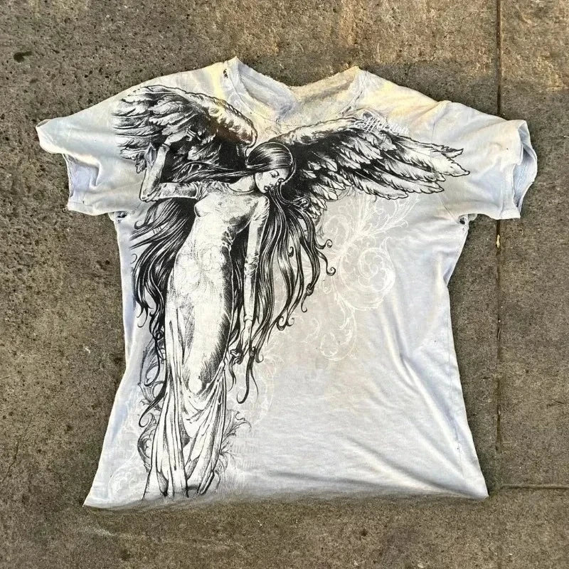 Y2K Affliction T Shirt Vintage Clothing Punk Hip Hop Graphic Print Oversized T shirt Women Round Neck Cotton Short Sleeve Tops