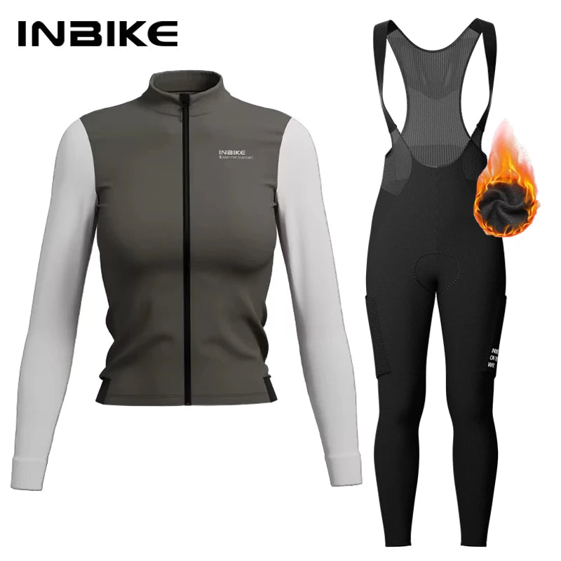 INBIKE Warm Thermal Cycling Jersey Set for Women Comfortable Fleece Road Bike Bib Pants Windproof Road MTB Clothing with Pockets - Matrix-studios.com
